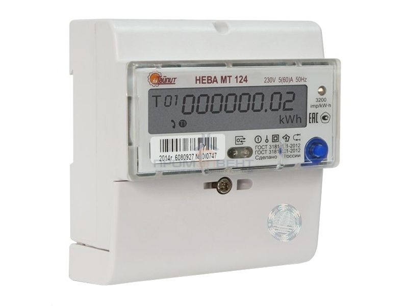 Счетчик однофазный многотарифный НЕВА МТ 124 AS OP 5(60)А 230В ЖКИ на DIN-рейку 5 модулей